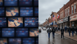 Split screen showing international news maps and a street scene in Dearborn Michigan representing the local impact of the Khamenei death claim