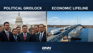 Ambassador Bridge traffic in Detroit contrasted with Washington DC news regarding Kristi Noem DHS removal