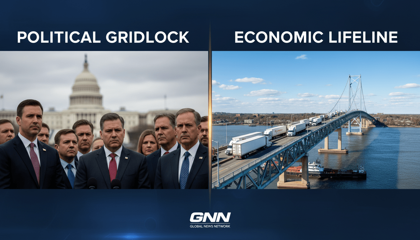 Ambassador Bridge traffic in Detroit contrasted with Washington DC news regarding Kristi Noem DHS removal