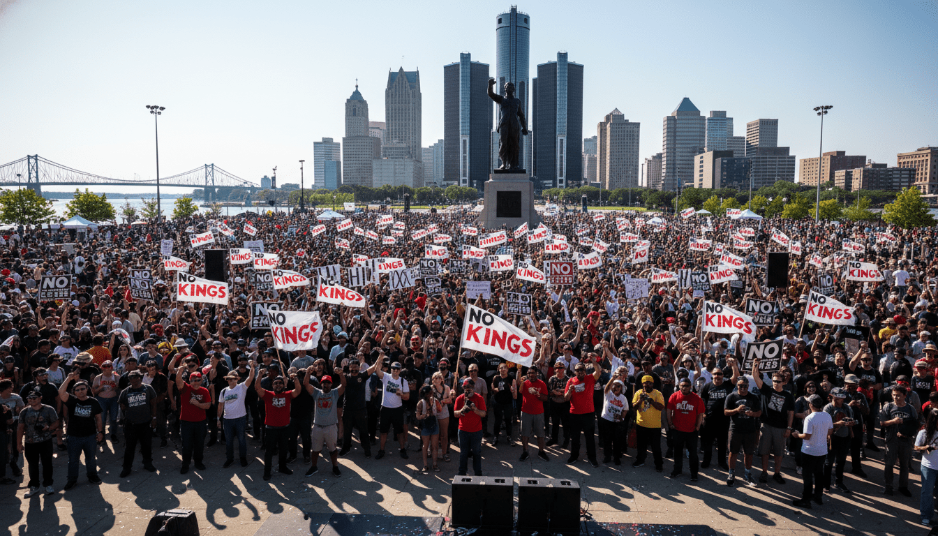 A massive crowd participating in Detroit protests 2026 at Hart Plaza near the Spirit of Detroit statue.