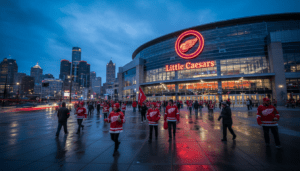 A view of the crowd and arena as Detroit Red Wings trending news drives fans to Little Caesars Arena.