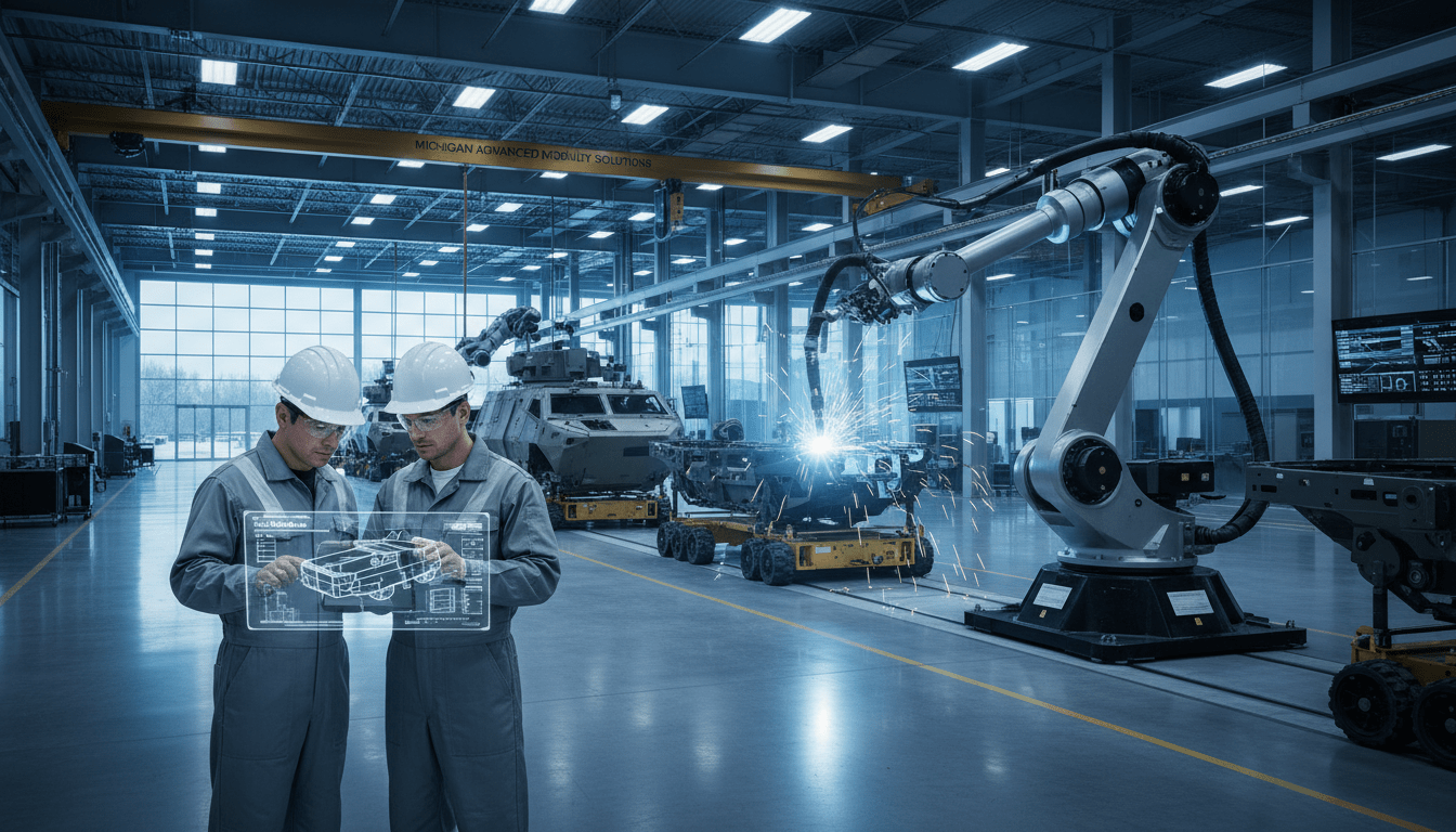 Engineers at a Detroit defense facility working on support systems for long-range weapons and missile integration.