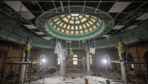 A hidden skylight from the 1920s being restored as part of Detroit architecture preservation.