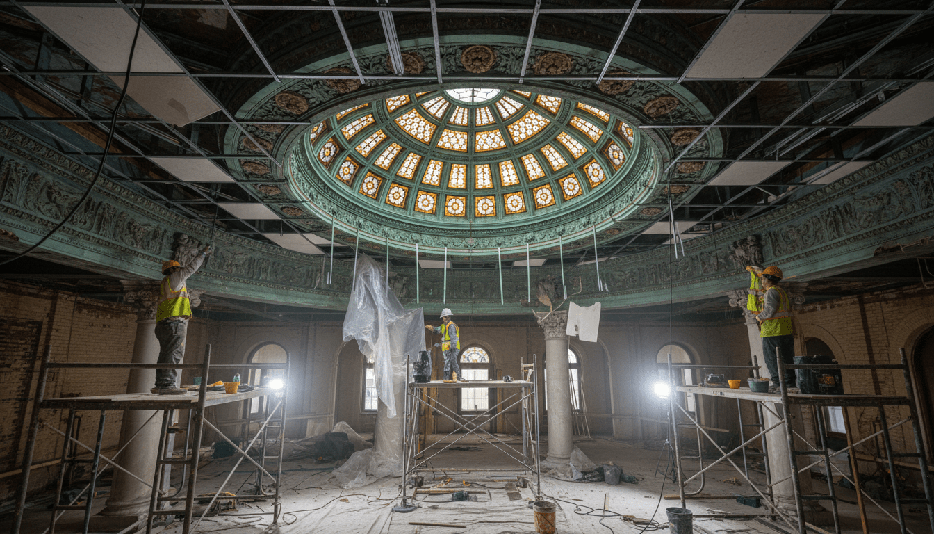 A hidden skylight from the 1920s being restored as part of Detroit architecture preservation.