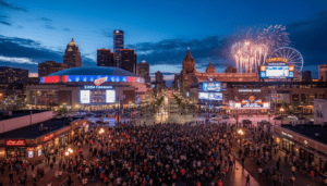 A view of the Detroit sports buzz surrounding Little Caesars Arena at night.