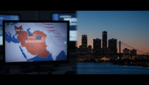 Detroit skyline with overlay of news regarding US-Iran tensions and military escalation