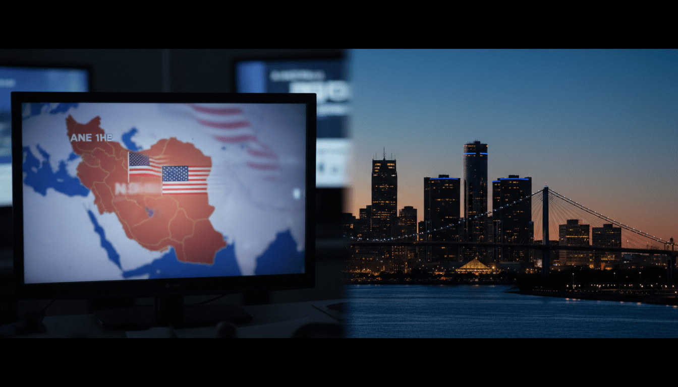 Detroit skyline with overlay of news regarding US-Iran tensions and military escalation