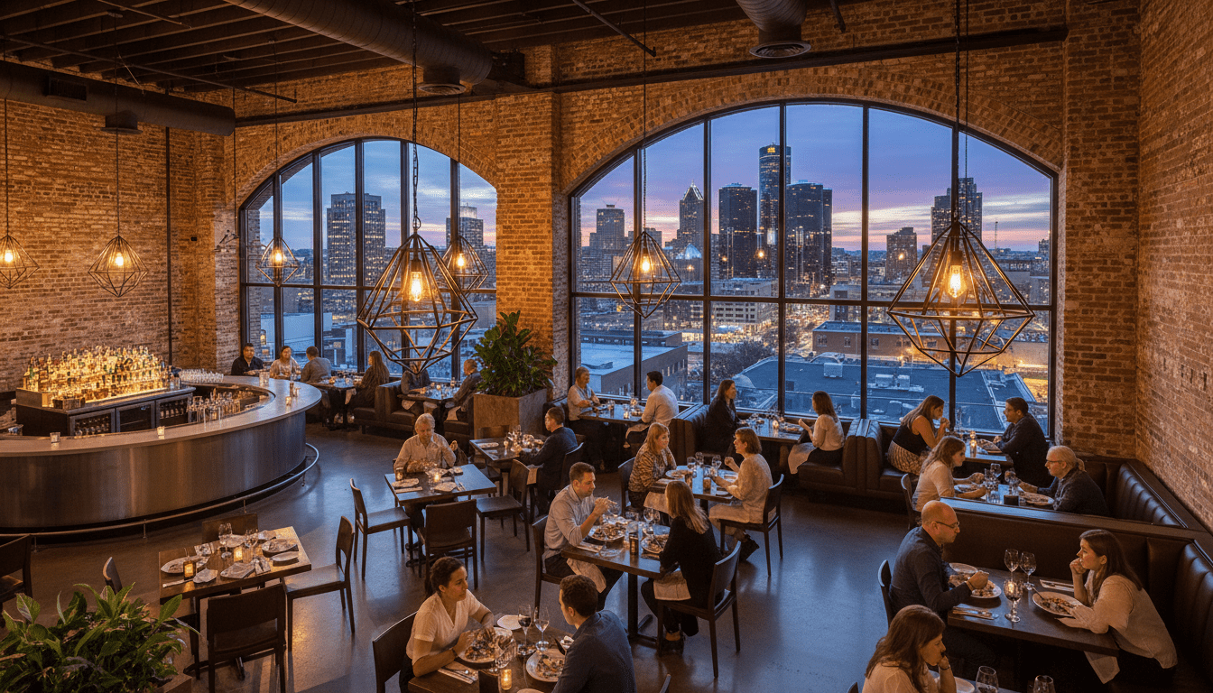 A bustling view of the Detroit restaurant scene with chefs preparing local dishes in an open kitchen.