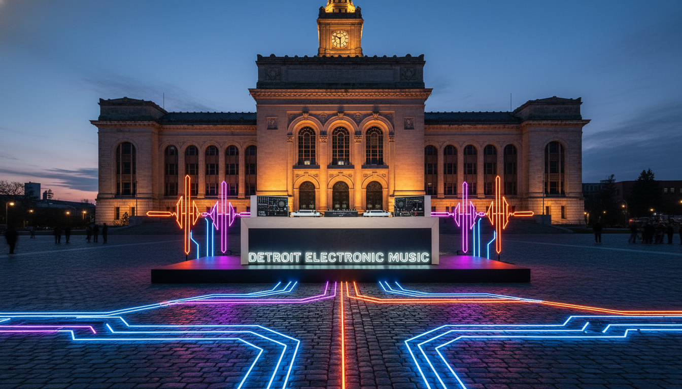 A professional DJ performance setup in the heart of Detroit representing the growth of the Detroit electronic music economy.