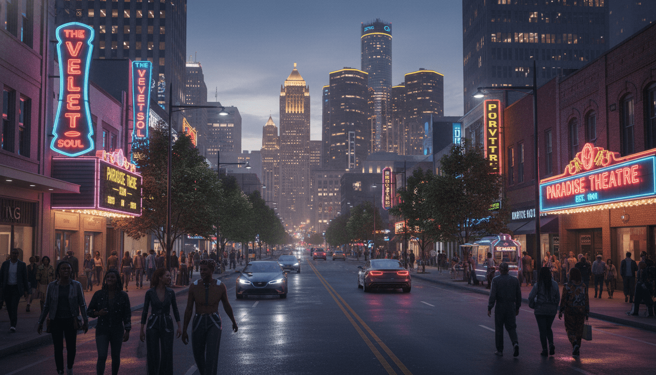 A vibrant evening scene representing the growth of Detroit nightlife in 2026