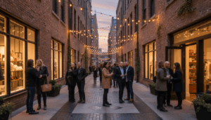 A vibrant Detroit street known as Parker's Alley with people taking photos under hanging lights.
