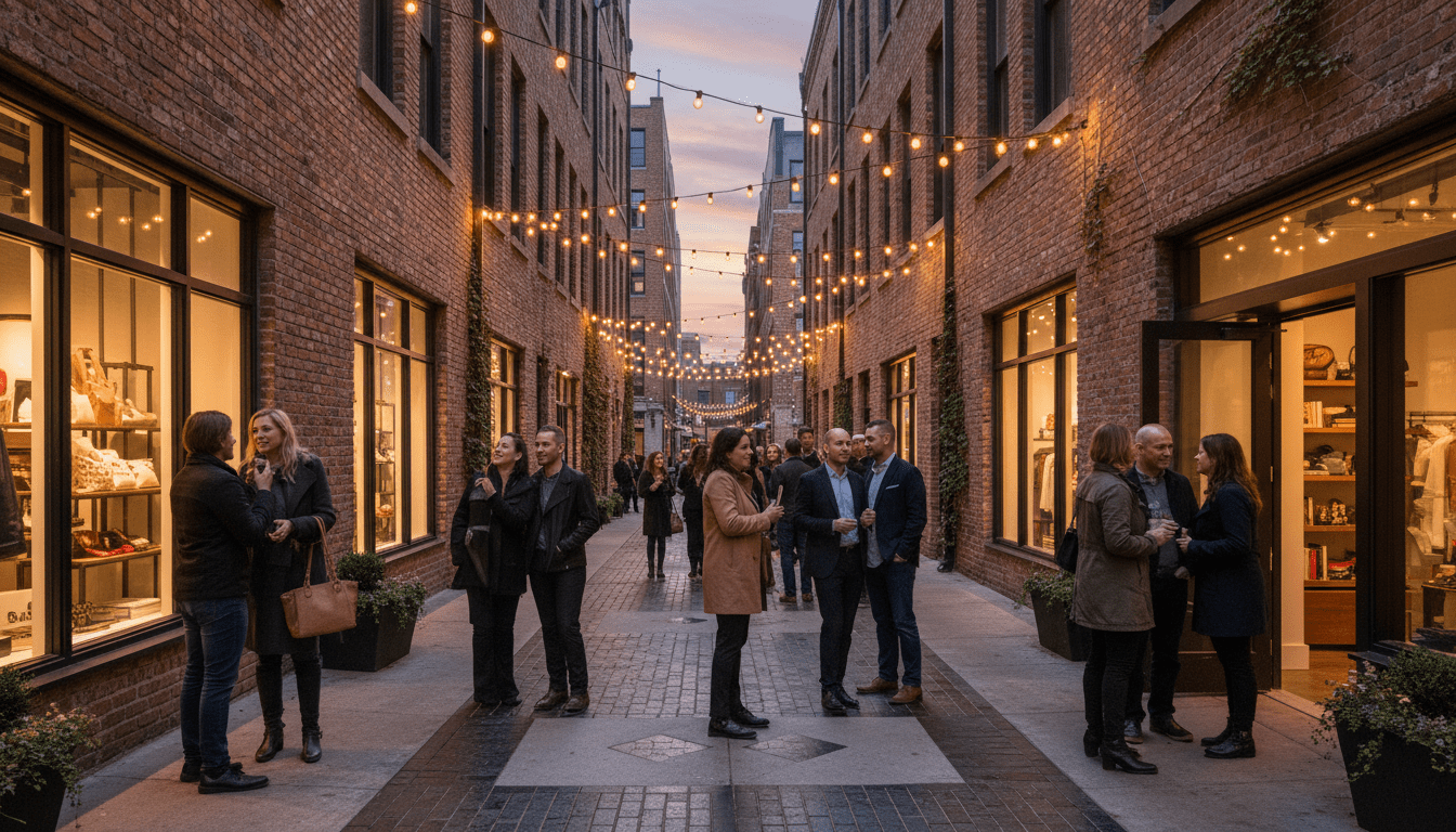 A vibrant Detroit street known as Parker's Alley with people taking photos under hanging lights.