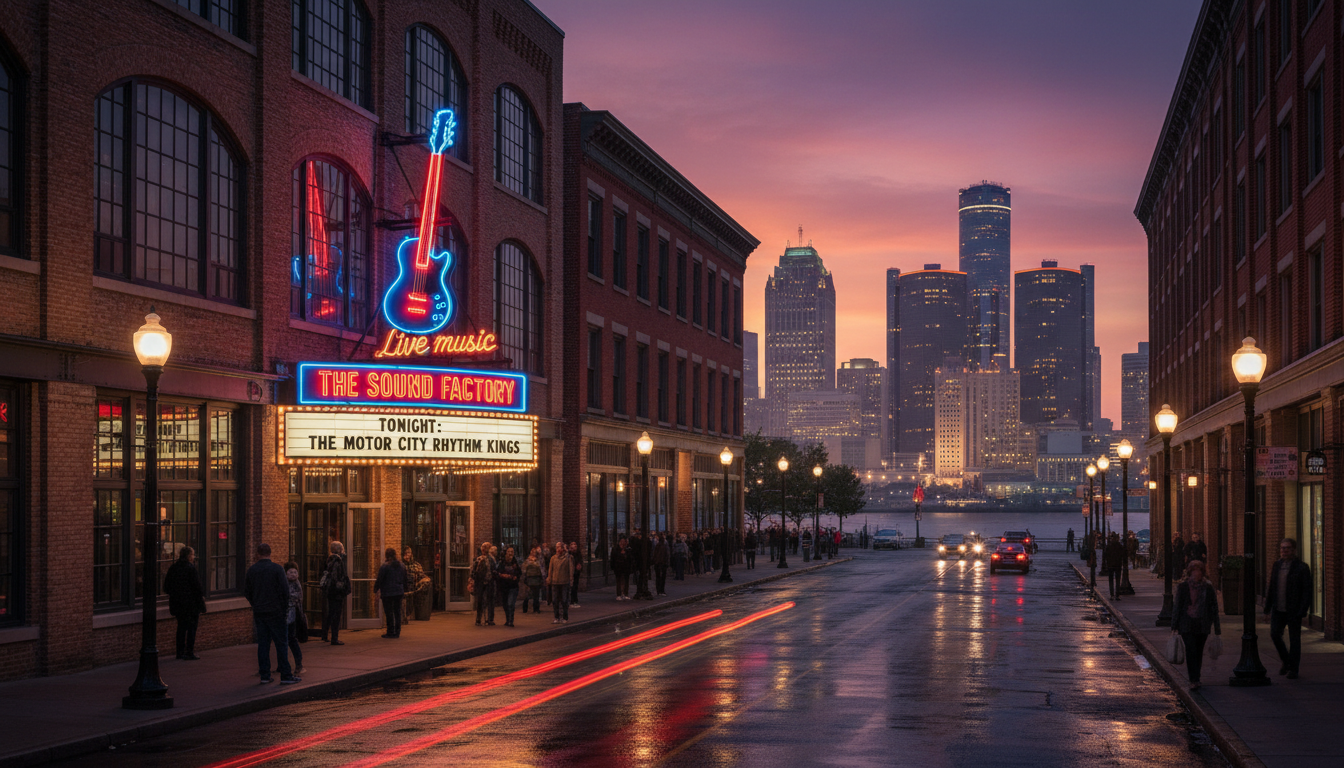 A crowd gathered outside a historic venue representing the Detroit techno scene's impact on local culture.
