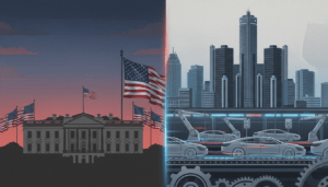 Detroit skyline with overlay of Trump administration cabinet themes and automotive industry symbols