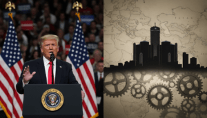 Donald Trump speaking about Iran's next leadership with Detroit skyline graphic overlay