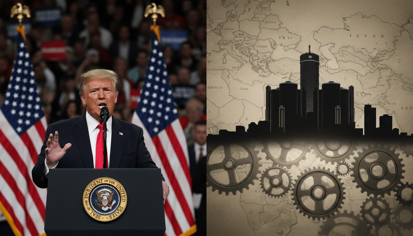 Donald Trump speaking about Iran's next leadership with Detroit skyline graphic overlay