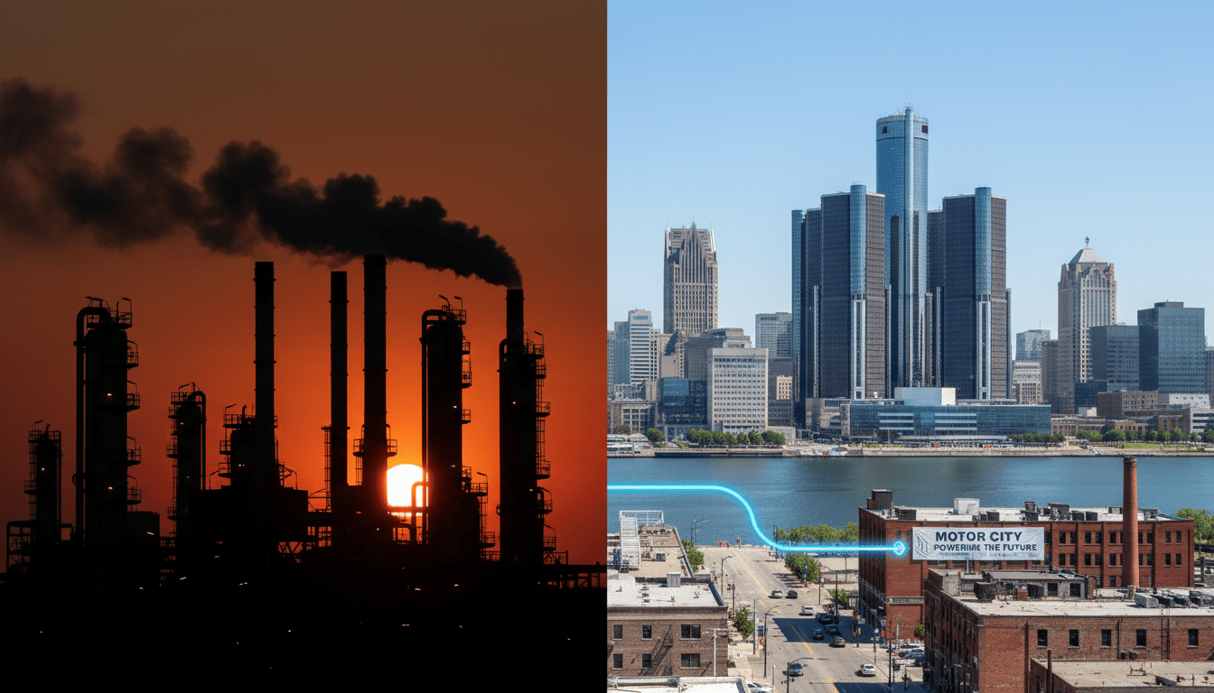 Detroit skyline split with oil refinery silhouette illustrating Trump Iran campaign impact