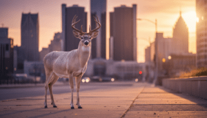 A deer exploring the streets of downtown Detroit, a prime example of Detroit wildlife in an urban setting.