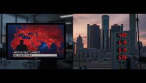 Detroit skyline background with gas pump foreground illustrating US-Iran conflict impact Detroit economy