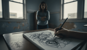 Teacher observing a concerning student drawing on a desk in a Detroit classroom