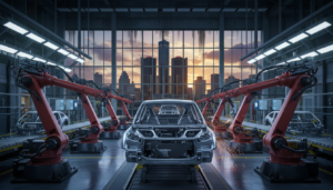 A high-tech manufacturing floor within the Detroit auto industry showing robotic arms and vehicle components.