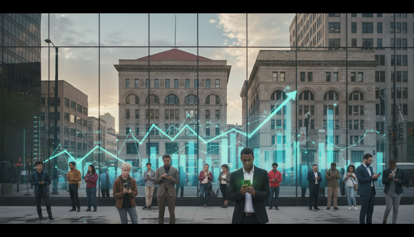 Modern digital banking interface in the city showing Detroit banking and finance trends for 2026.