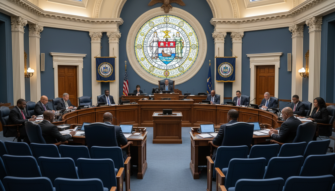 Detroit City Council members discussing the 2027 budget plan in the council chambers.