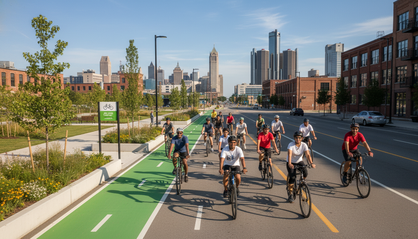 A group of residents participating in a Detroit cycling event on a new protected bike lane.