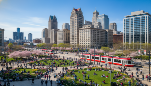 A busy scene in downtown Detroit showing local Detroit events and spring activities.