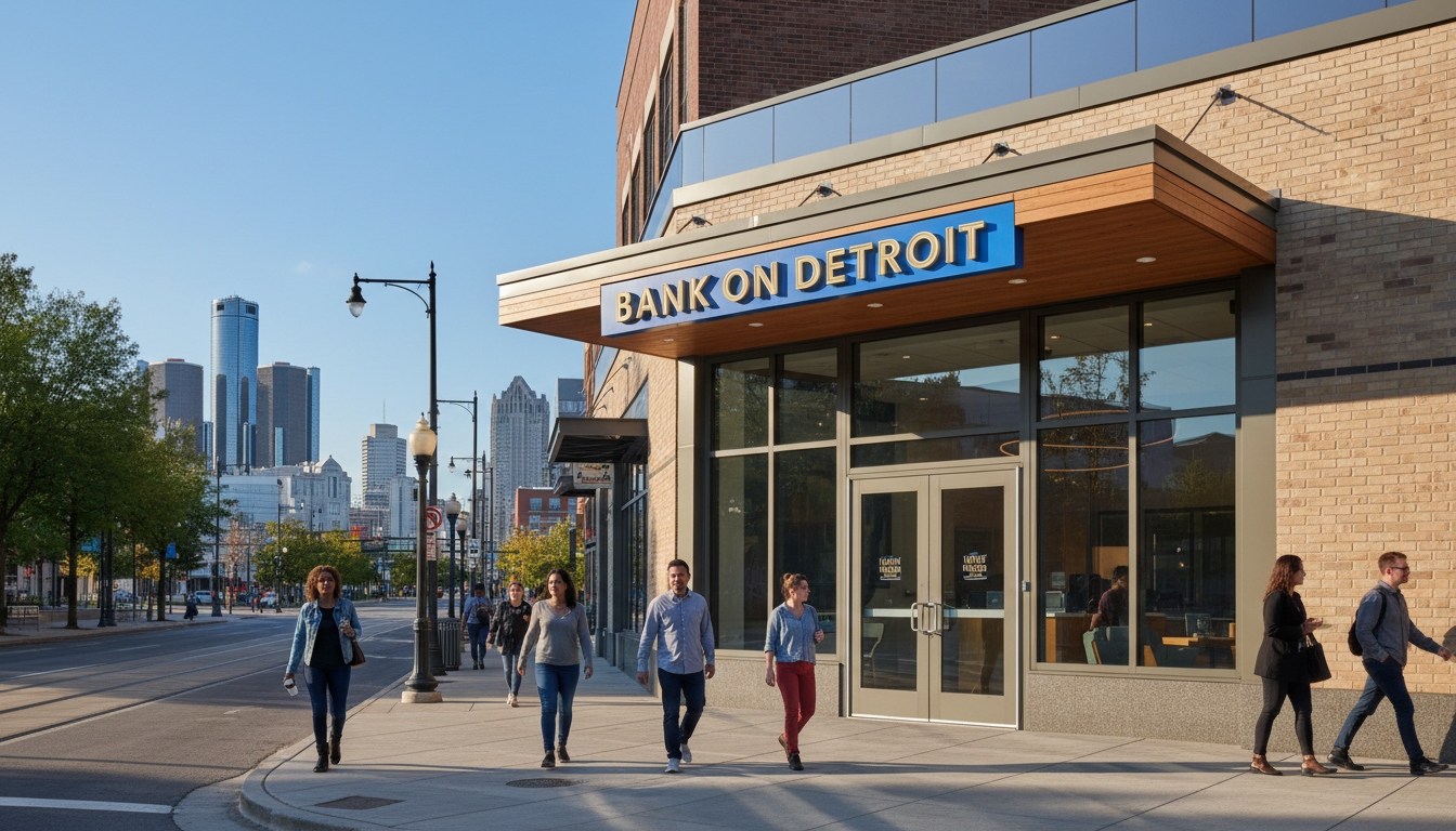 A modern building representing the growth of banking Detroit and financial services for the local community.