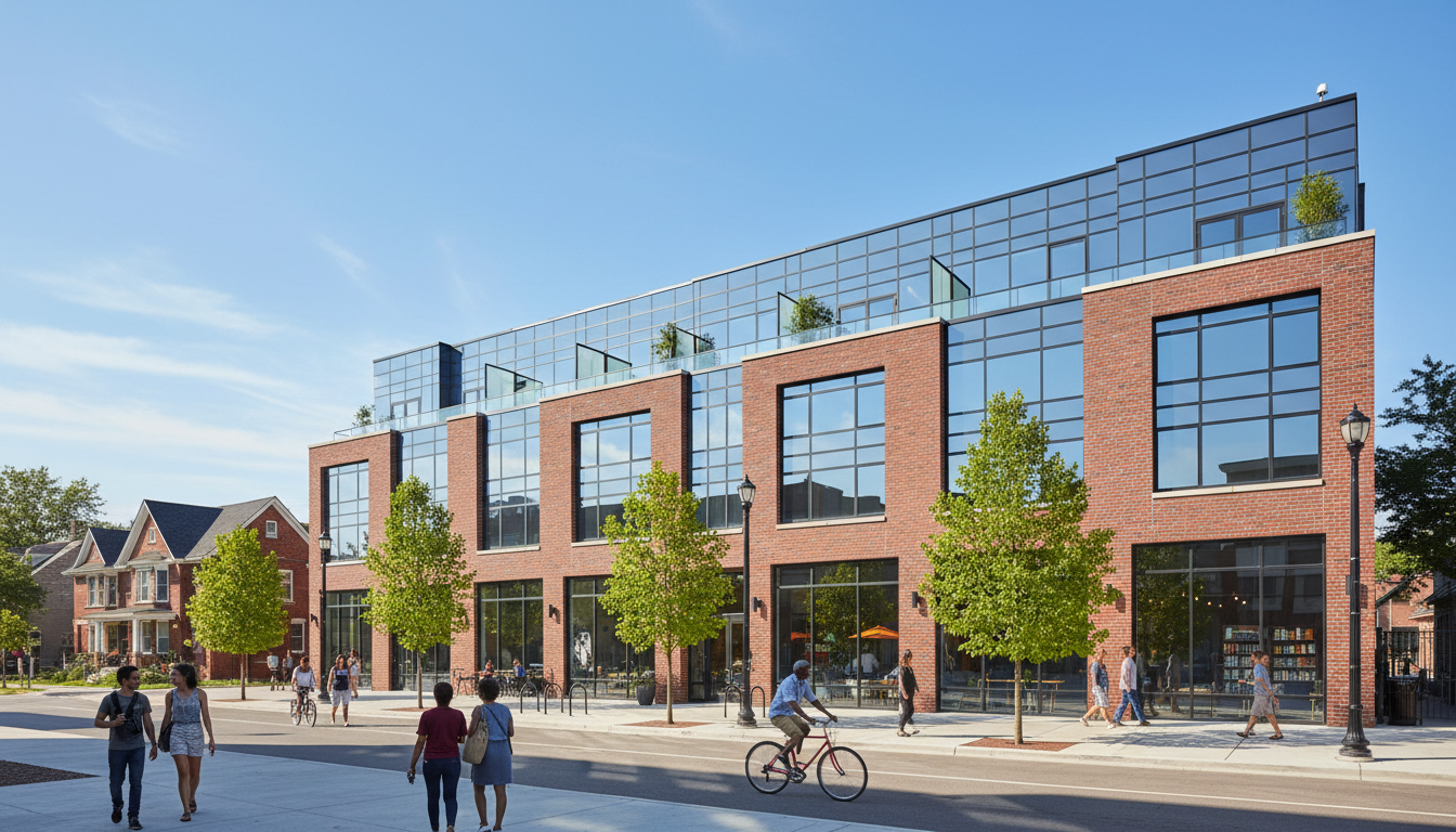 Modern Detroit housing project under construction in a revitalized neighborhood.