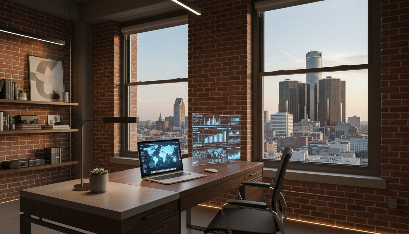 A resident utilizing a Detroit online business guide to work from a home office with a city view.