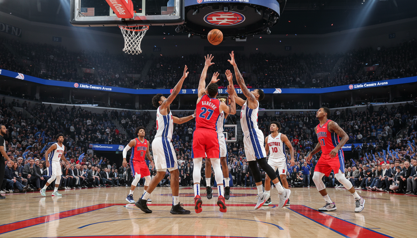 Detroit Pistons players in action during a home game at Little Caesars Arena