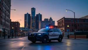 Detroit police patrol car parked in downtown Detroit providing public safety and security.