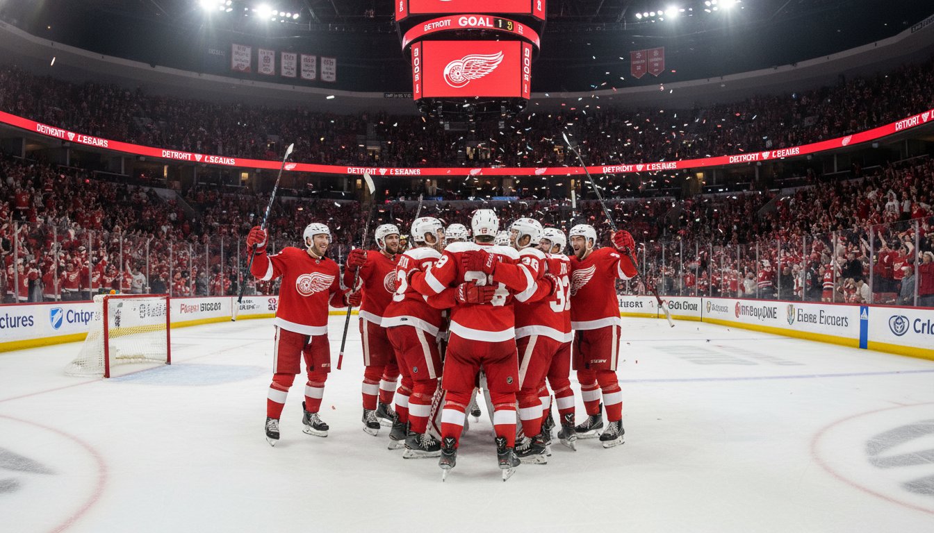 Detroit Red Wings players celebrate a goal during a home hockey game at Little Caesars Arena.
