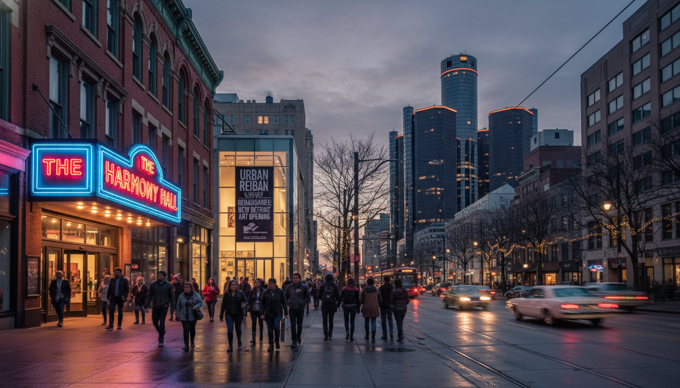 A vibrant street scene showcasing various Detroit events and nightlife activities at dusk.