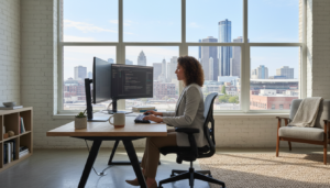A professional working on an online business Detroit venture from a home office.
