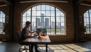 A professional resident working on various Detroit side hustles in a modern city loft.