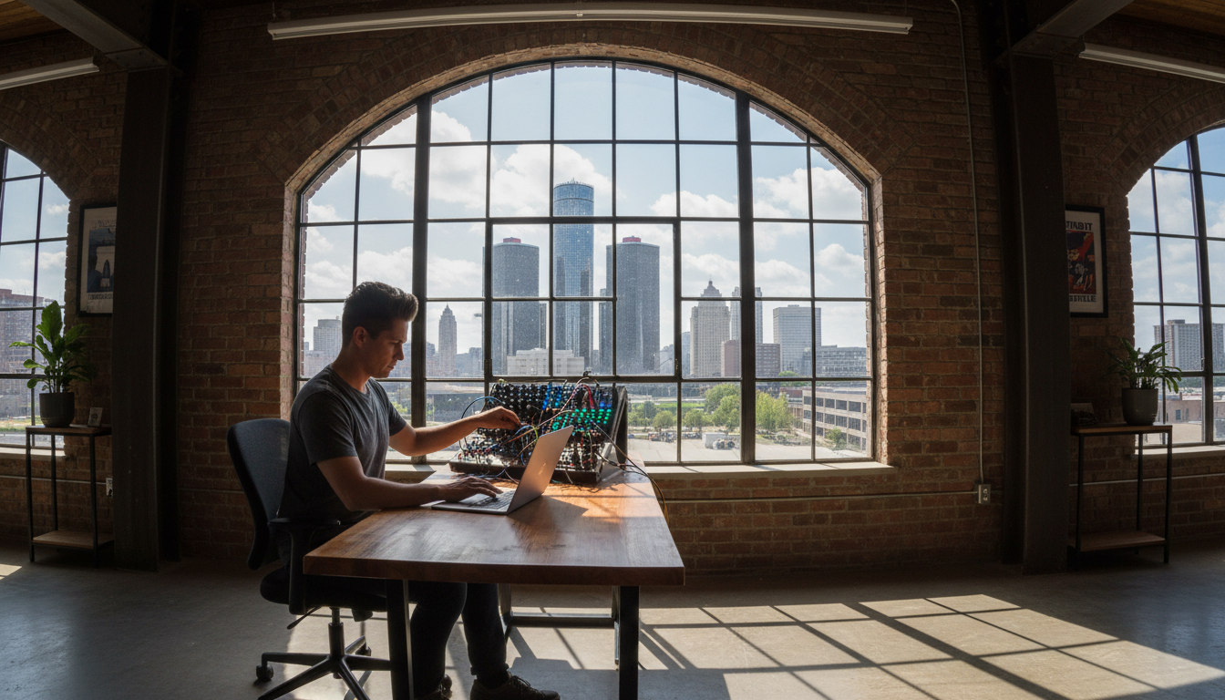 A professional resident working on various Detroit side hustles in a modern city loft.