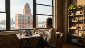A professional working on side hustles Detroit in a modern office overlooking the city skyline.