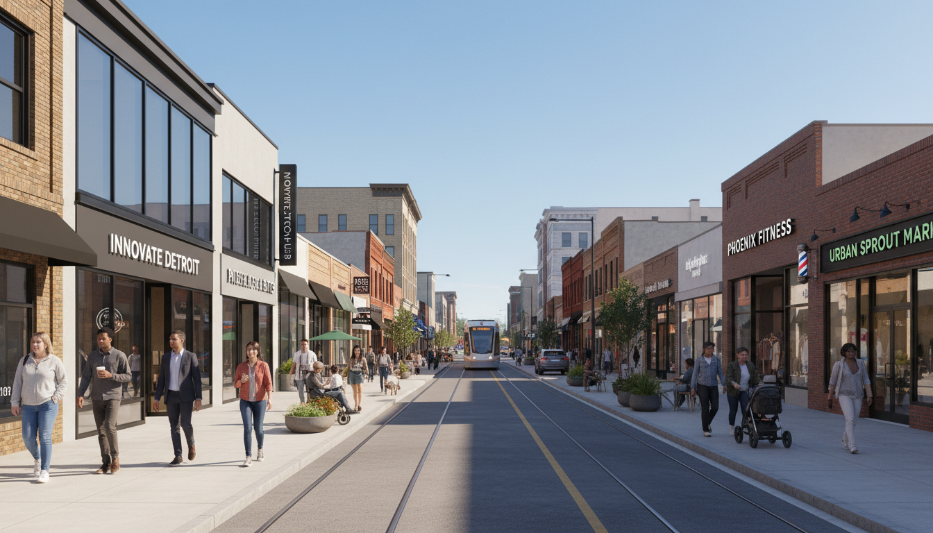 A bustling street scene showing Detroit small business trends 2026 in a local neighborhood.