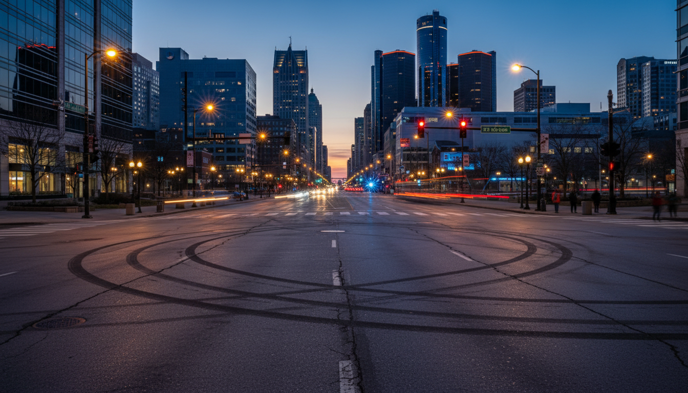 Detroit street takeovers evidence with tire marks on an urban road.