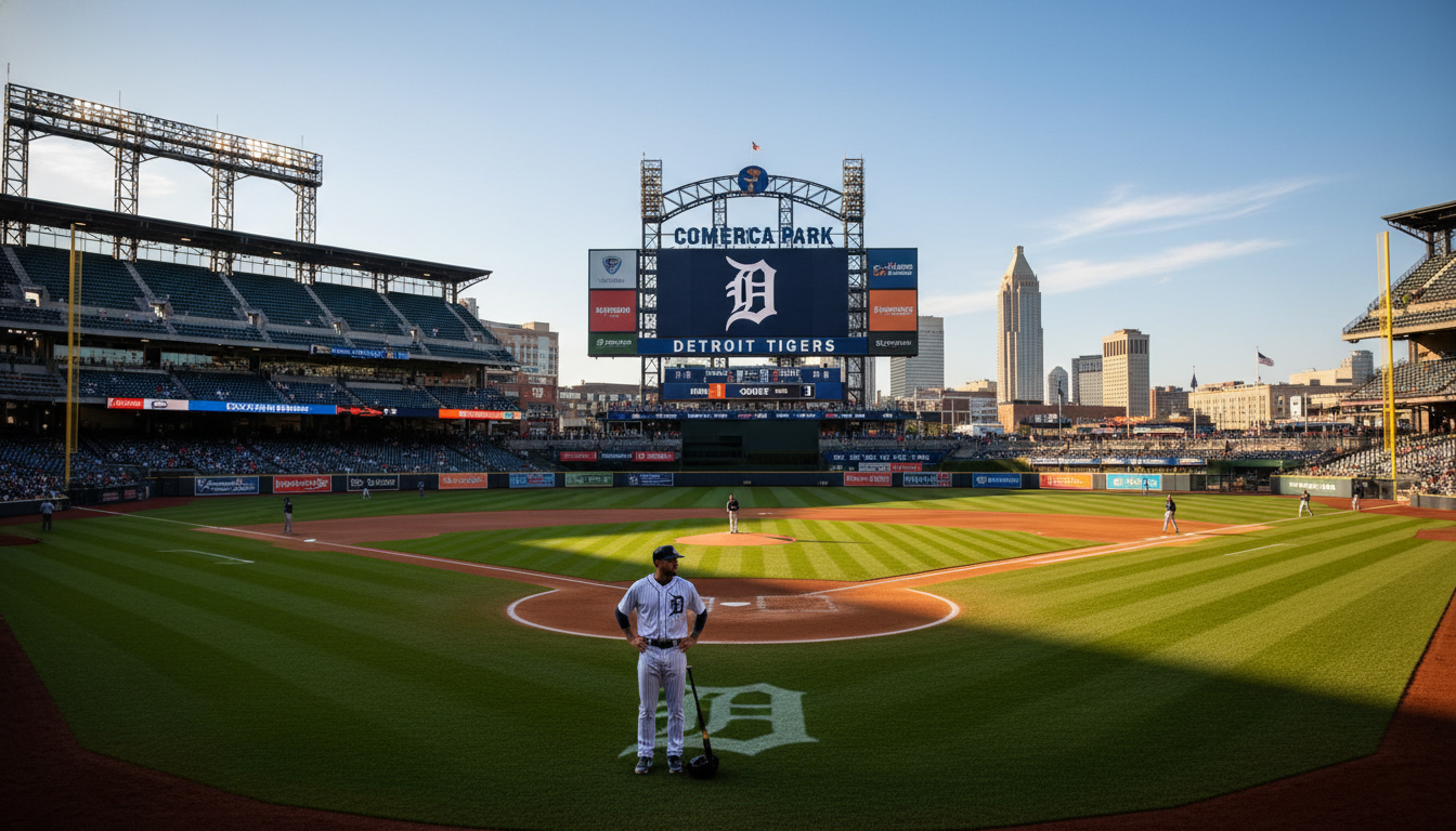 A Detroit Tigers player at Comerica Park following a major MLB signing announcement.