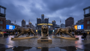Detroit Tigers statues at Comerica Park representing the latest baseball Detroit news.