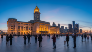A scenic view of historic buildings in downtown Detroit, highlighting the growth of Detroit tourism.