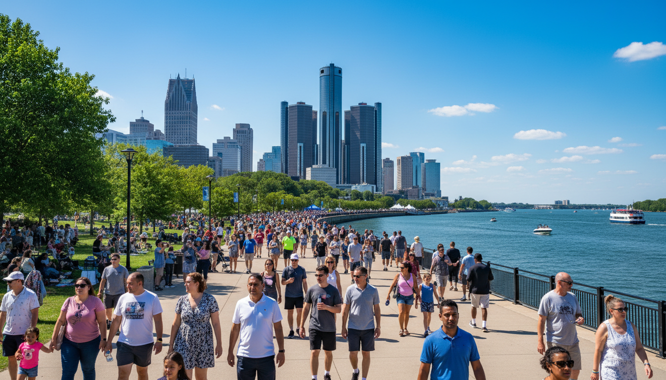 A large crowd enjoying one of the major Detroit events at the Detroit Riverwalk during the weekend.
