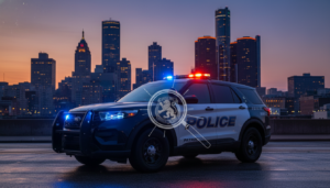 Detroit Police Department vehicle during a Detroit crime investigation sweep.