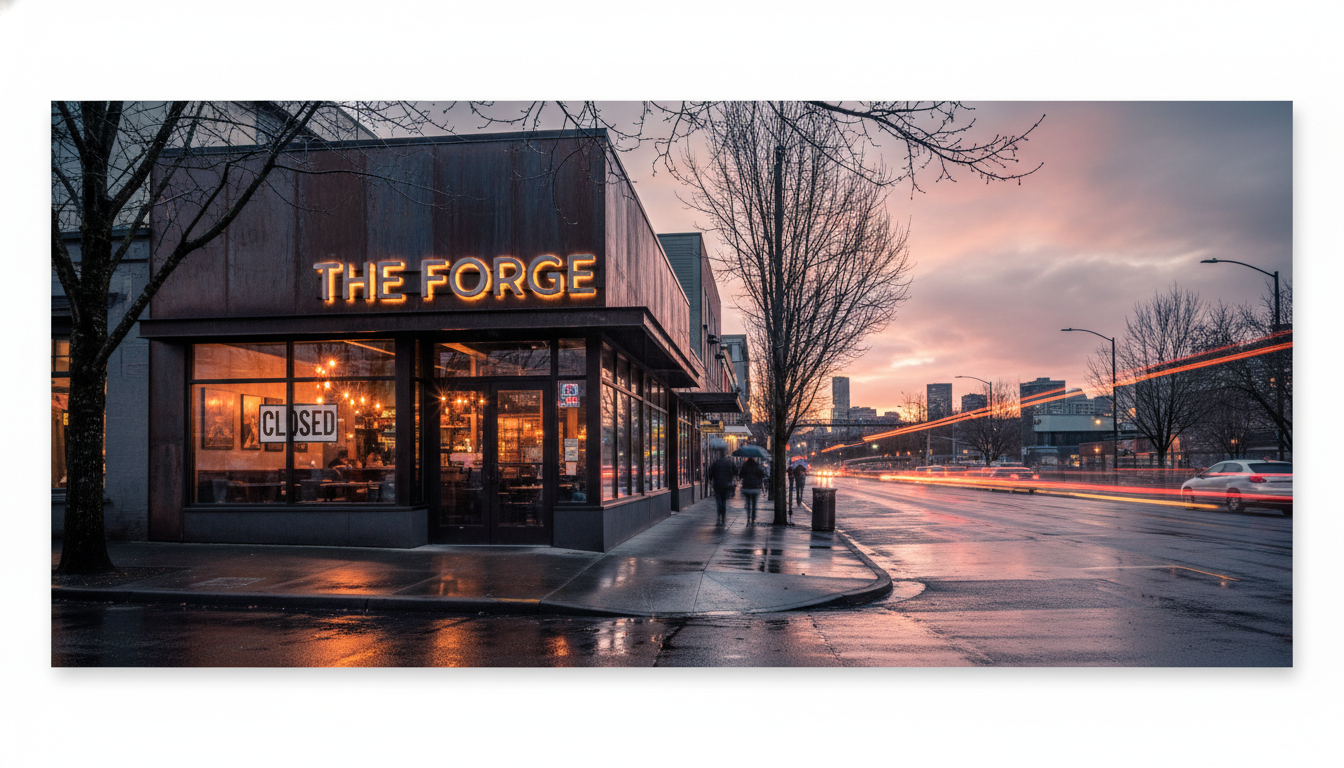 A storefront of one of many Portland restaurants facing sudden closure amid economic challenges.