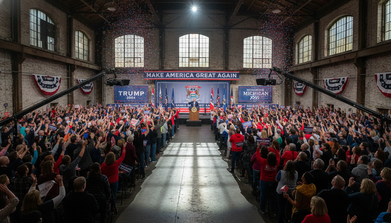 A political rally scene representing the latest Trump Michigan GOP poll results.