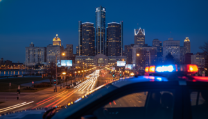 Police lights downtown near the site of a recent Detroit shooting incident